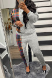 Grey Casual Plaid Print Patchwork O Neck Long Sleeve Two Pieces
