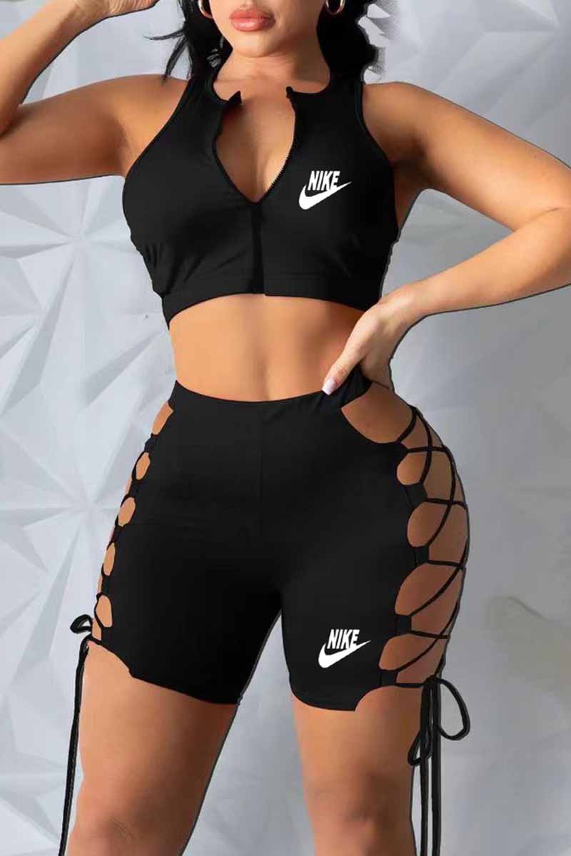 

Black Fashion Sexy Print Bandage Zipper Collar Sleeveless Two Pieces