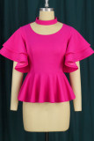 T-shirt con scollo a balza o collo a balza elegante rosso rosa