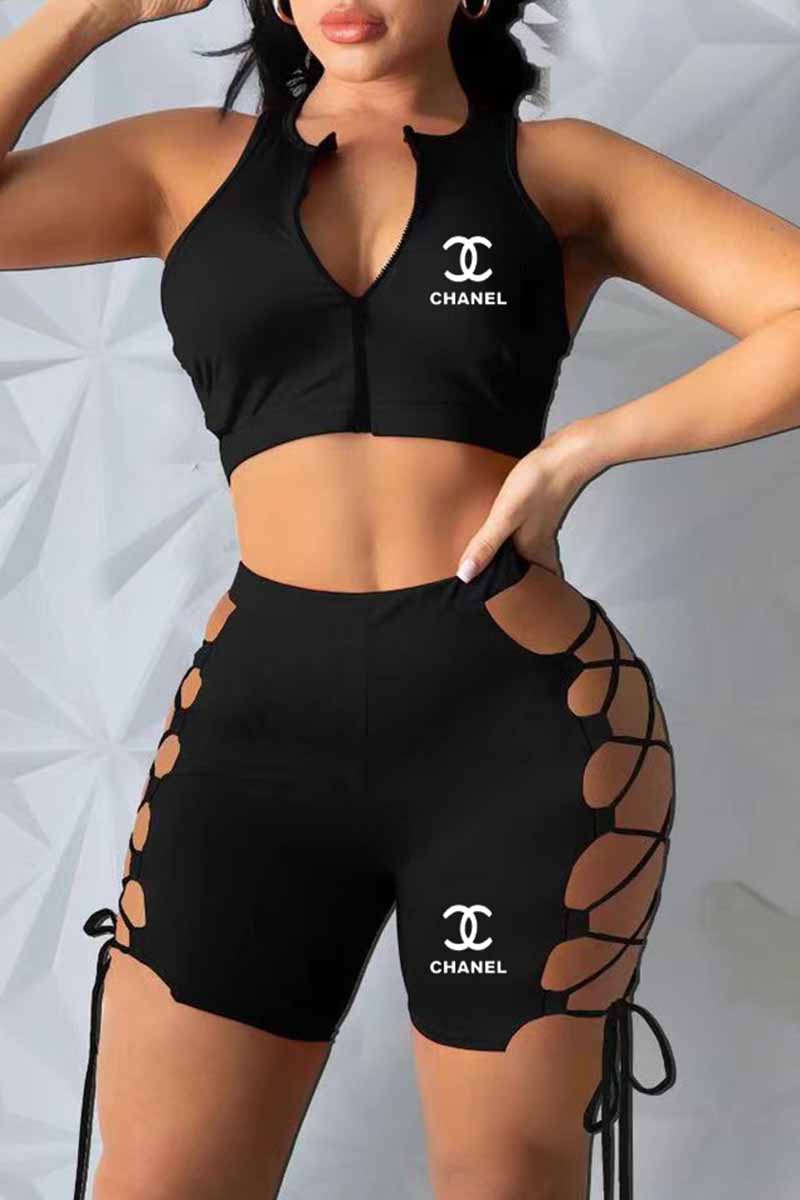 

Black Fashion Sexy Print Bandage Zipper Collar Sleeveless Two Pieces