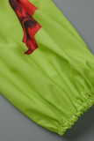 Verde sexy estampado vendaje patchwork cuello en V manga larga dos piezas