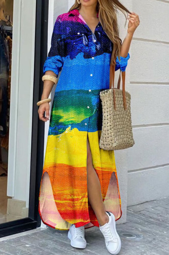 Blue Yellow Casual Print Patchwork Buckle Turndown Collar Shirt Dress Dresses