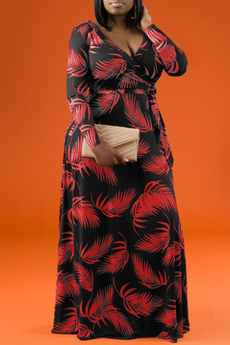 Black Red Casual Print Patchwork V Neck Straight Plus Size Dresses
