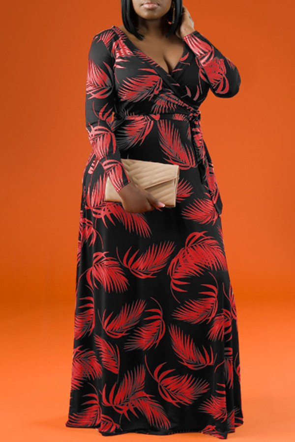 Schwarz Rot Casual Print Patchwork V-Ausschnitt Gerade Kleider in Übergröße