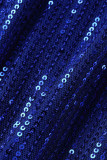Vestido de noche de cuello oblicuo de patchwork de lentejuelas sólidas sexy de moda azul