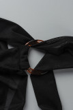 Zwarte sexy effen bandage uitgeholde patchwork backless halter strandjurk