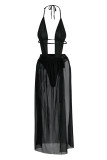 Vestido de playa halter sin espalda de patchwork ahuecado de vendaje sólido sexy negro