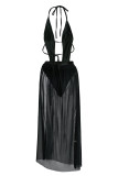 Черное сексуальное сплошное бинтовое выдолбленное пляжное платье в стиле пэчворк с открытой спиной и лямкой на шее