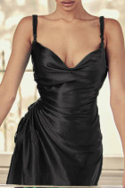 黒のセクシーなソリッド包帯パッチワークスリットスパゲッティストラップワンステップスカートドレス