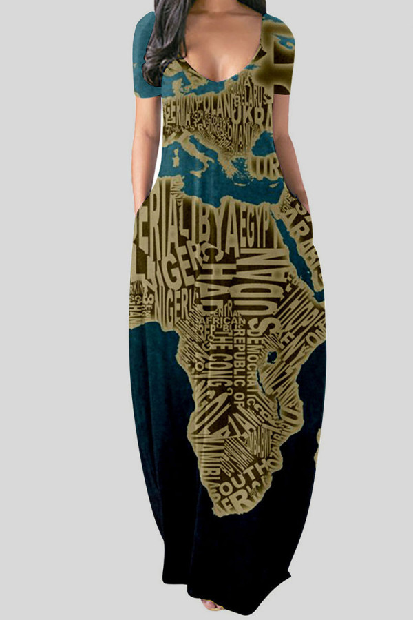 Djupblå Casual Print Patchwork V-hals raka klänningar