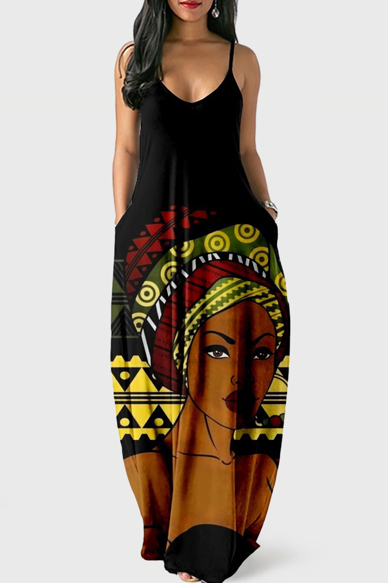 

Black Brown Fashion Sexy Print Backless Spaghetti Strap Long Dress
