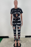 Black Sexy Print Bandage Hollowed Out Patchwork O Neck Short Sleeve Two Pieces