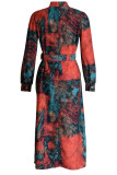 Rode elegante print patchwork met riem O-hals A-lijn jurken