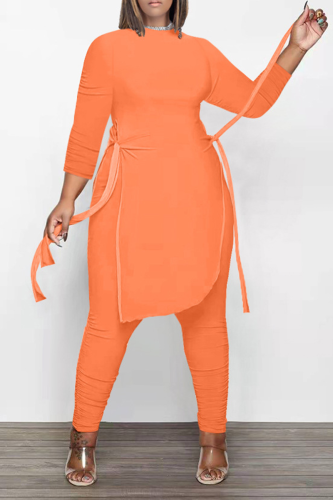 Orange Casual Solid Draw String O Neck Long Sleeve Two Pieces