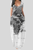 Gray White Casual Print Patchwork V Neck Straight Dresses