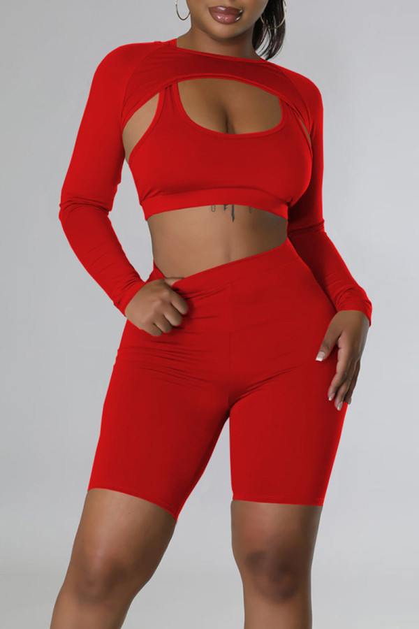 Rouge Sportswear Solide Patchwork O Cou Manches Longues Trois Pièces