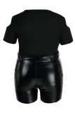 Patchwork scavato solido casual alla moda nera con cintura o collo Plus Size due pezzi