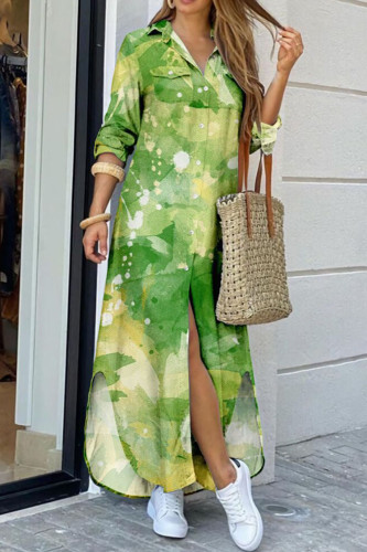 Green Casual Print Patchwork Buckle Turndown Collar Shirt Dress Dresses