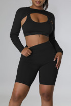 Black Sportswear Solid Patchwork O Neck Long Sleeve Three Pieces
