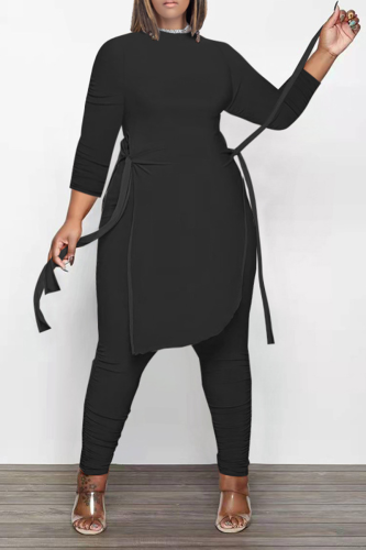 Black Casual Solid Draw String O Neck Long Sleeve Two Pieces