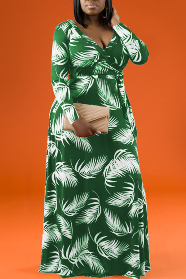 グリーンカジュアルプリントパッチワークVネックストレートプラスサイズのドレス