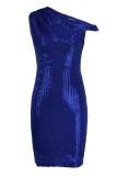 Vestido de noche de cuello oblicuo de patchwork de lentejuelas sólidas sexy de moda azul