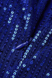 Blauwe mode sexy effen pailletten patchwork schuine kraag avondjurk