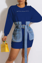 Patchwork casual con stampa di strada blu reale con abiti dritti con cintura o scollo