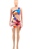 Tangerine Red Sexy Print Hollowed Out Patchwork Draw String Asymmetrical Oblique Collar Pencil Skirt Dresses