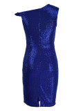グリーンファッションセクシーなソリッドスパンコールパッチワーク斜めの襟のイブニングドレス