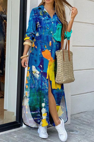 Blue Casual Print Patchwork Buckle Turndown Collar Shirt Dress Dresses