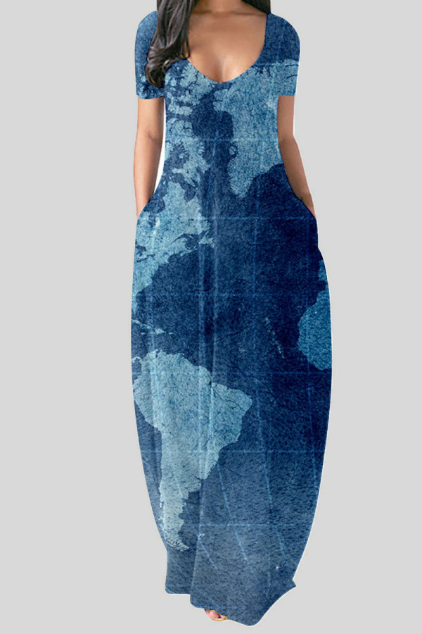 Blå Casual Print Patchwork V-hals raka klänningar