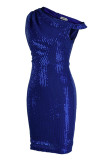 Blue Fashion Sexy Solid Pailletten Patchwork Abendkleid mit schrägem Kragen