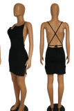 Black Sexy Solid Bandage Patchwork Backless Slit Asymmetrical Spaghetti Strap One Step Skirt Dresses