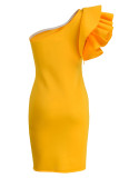 Abito da sera con colletto obliquo senza schienale con patchwork solido sexy giallo di moda