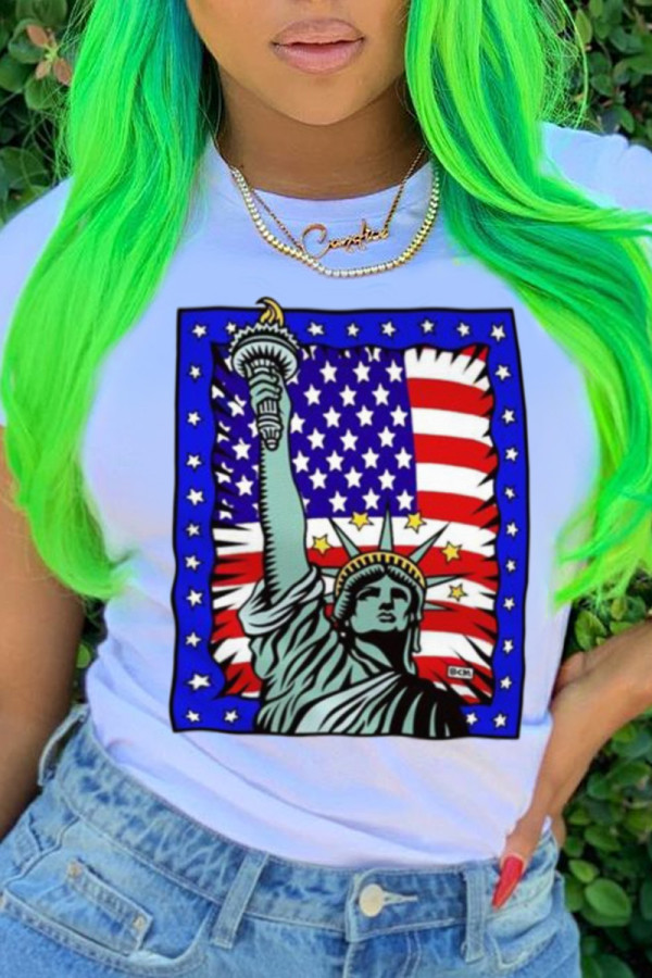 Camisetas con cuello en O de patchwork de bandera americana con estampado de calle de moda blanco