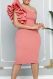 ピンクのファッションセクシーなソリッドパッチワーク背中の開いた斜めの襟のイブニングドレス