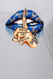 White Fashion Casual Lips Printed Patchwork O Neck T-Shirts