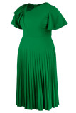 Vestidos de talla grande plisados ​​con cuello oblicuo de retazos sólidos informales de moda verde