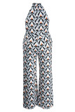 Macacão azul moda casual estampa patchwork com decote tamanho grande