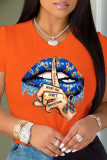 T-shirt con collo o patchwork stampate con labbra casual alla moda arancione