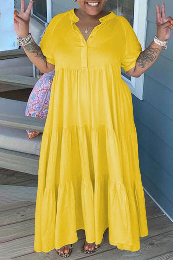Желтые повседневные однотонные лоскутные складные отложные воротники Прямые платья больших размеров