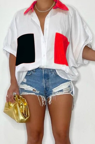 Red Casual Solid Patchwork Pocket Buckle Asymmetrical Turndown Collar Tops