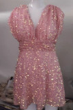 Pink Sexy Solid Bandage Sequins Patchwork V Neck A Line Dresses