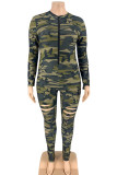 Camouflage Fashion Casual Camouflage Print Ripped Zipper Collar Skinny Combinaisons