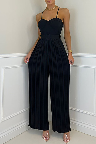 Black Sexy Solid Patchwork Fold Spaghetti Strap Straight Jumpsuits