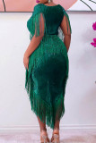 Groene elegante effen kwast pailletten patchwork vierkante kraag avondjurk plus size jurken