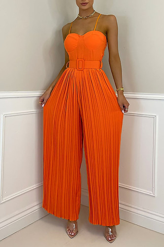 Tangerine Sexy Solid Patchwork Fold Spaghetti Strap Straight Jumpsuits