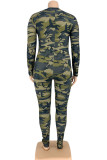 Camouflage Fashion Casual Camouflage Print Ripped Zipper Collar Skinny Combinaisons
