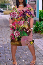 Rosa Mode Casual Print Basic V-ringad kortärmad klänning
